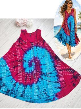 Vintage Y2K Tie Dye Swing Dress Beach Angels Coverup Red Aqua Blue Painted XL OS